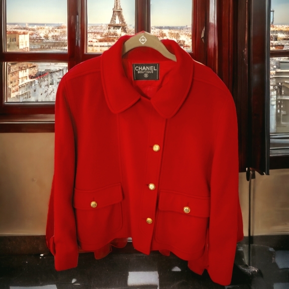CHANEL Jackets & Blazers - Chanel Red Wool Pea Coat with CC Logo buttons EUC